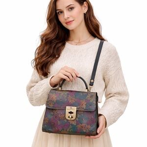 Patricia Nash Chauny Floral Leather Frame Satchel Crossbody Bag Dark Floral